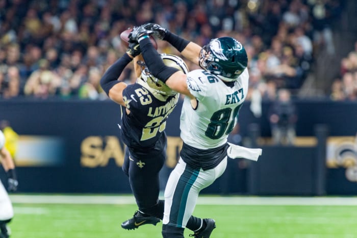 Saints CB Marshon Lattimore (23) makes an interception against the Philadelphia Eagles.© SCOTT CLAUSE/USA TODAY